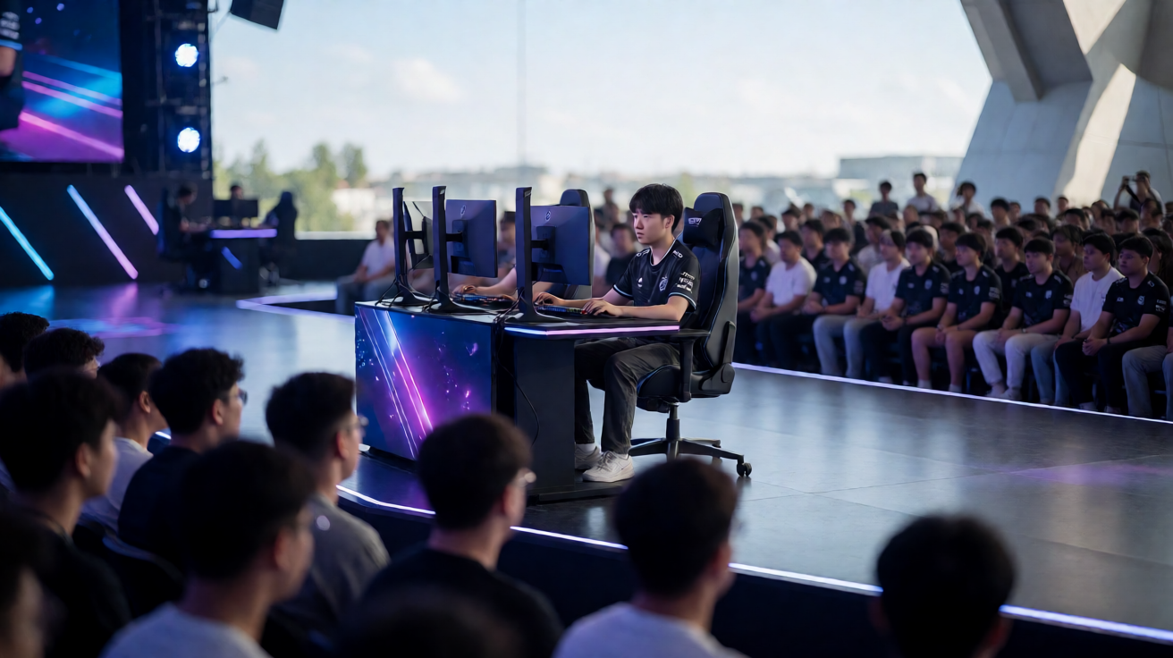 大型电竞赛事现场，选手在台上专注操作